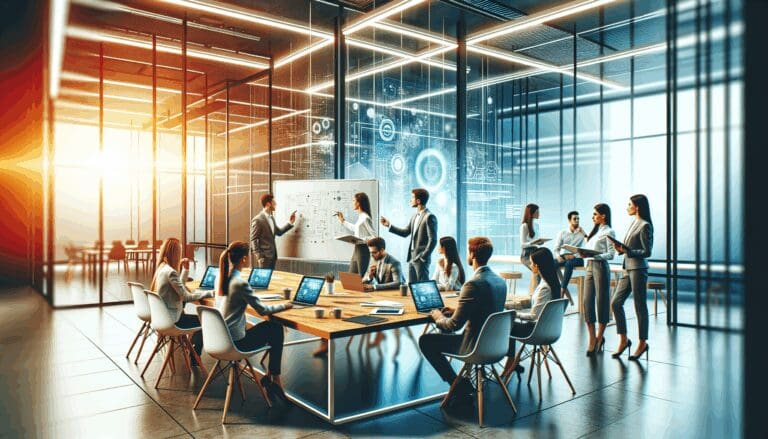 Fotografía luminosa de un equipo joven desarrollando ideas en un espacio de cowork moderno, con pizarras, laptops y un fondo tecnológico.