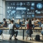 Jóvenes emprendedores trabajando en laptops en un ambiente moderno de coworking, con pantallas mostrando interfaces musicales y gráficas tecnológicas.