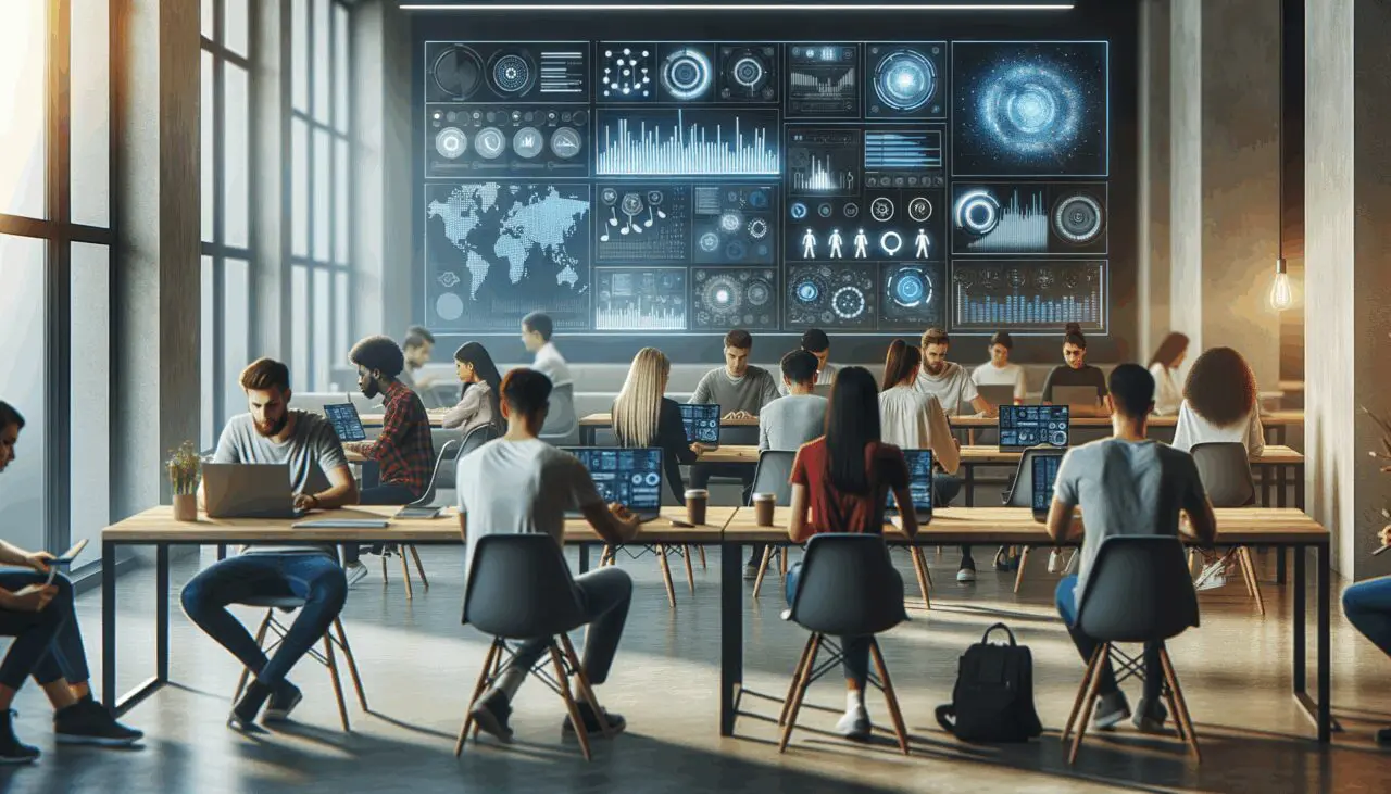 Jóvenes emprendedores trabajando en laptops en un ambiente moderno de coworking, con pantallas mostrando interfaces musicales y gráficas tecnológicas.
