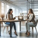 Fotografía de dos mujeres conversando frente a una laptop en una oficina moderna y luminosa, con estilo tecnológico latinoamericano.