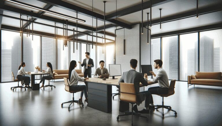 Espacio de coworking moderno con emprendedores colaborando en una oficina abierta.