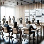 Grupo de jóvenes emprendedores presentando sus proyectos en una sala moderna de conferencias con pantallas y laptops.