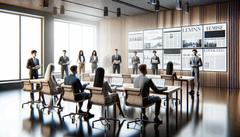 Grupo de jóvenes emprendedores presentando sus proyectos en una sala moderna de conferencias con pantallas y laptops.