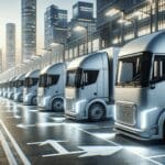 Camiones eléctricos modernos alineados en una zona industrial, con fondo urbano tecnológico y luz natural.