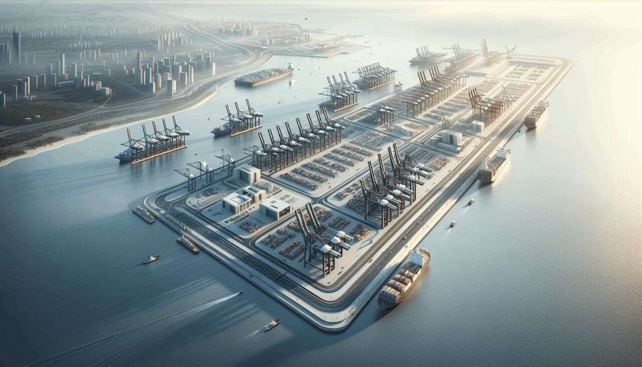 Vista aérea de una moderna infraestructura portuaria en la costa.