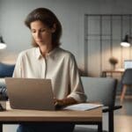 Una madre trabajadora con un portátil en un entorno moderno de oficina.