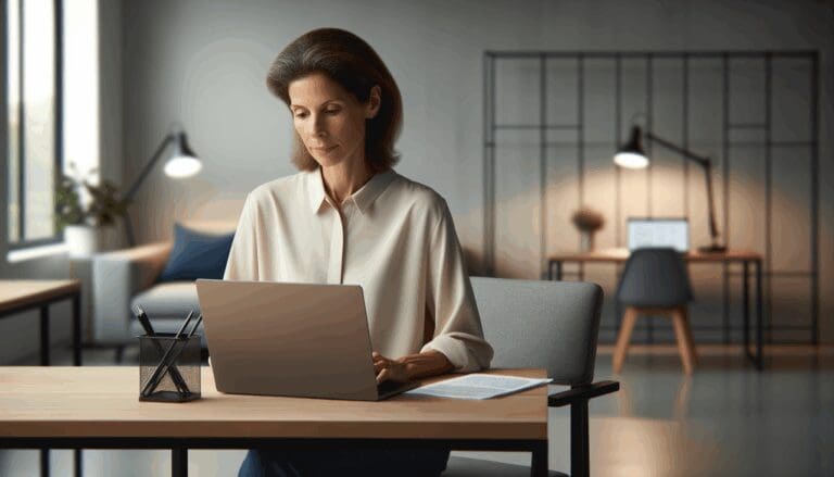 Una madre trabajadora con un portátil en un entorno moderno de oficina.