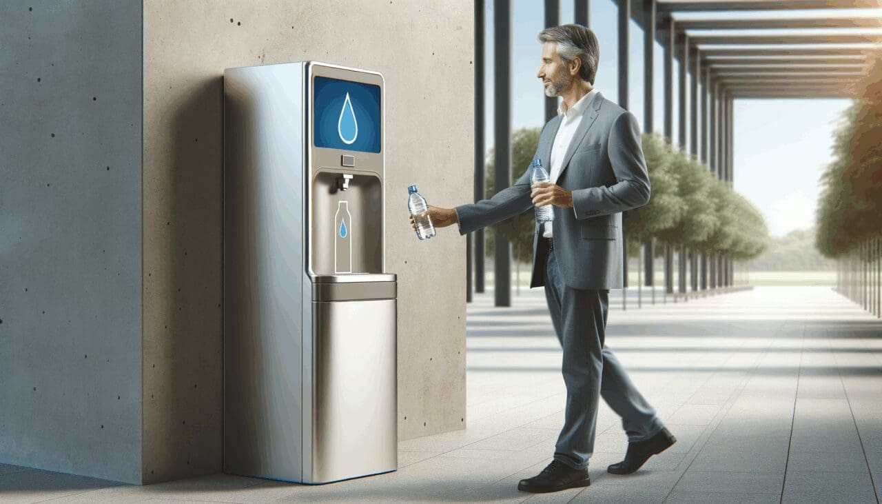 Persona usando un dispensador de agua moderno en un parque urbano con ambiente limpio y tecnológico.