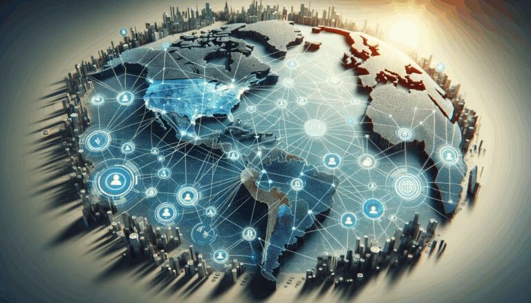 Gráfico conceptual de tecnología blockchain con conexiones digitales sobre mapa de Latinoamérica.