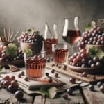 Infusiones de uva en vasos y uvas frescas sobre una mesa de madera