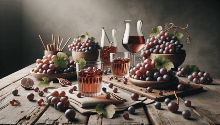 Infusiones de uva en vasos y uvas frescas sobre una mesa de madera