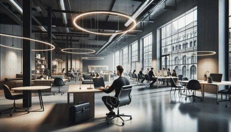 Espacios de coworking modernos con emprendedores colaborando y tecnología visible en un entorno urbano europeo.