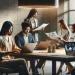 Grupo diverso de profesionales reunidos en una sala moderna, analizando gráficos y laptops en un ambiente de innovación tecnológica.