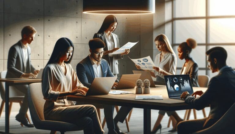 Grupo diverso de profesionales reunidos en una sala moderna, analizando gráficos y laptops en un ambiente de innovación tecnológica.