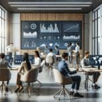 Oficinas modernas de una startup tecnológica con profesionales colaborando y pantallas mostrando gráficos de datos.