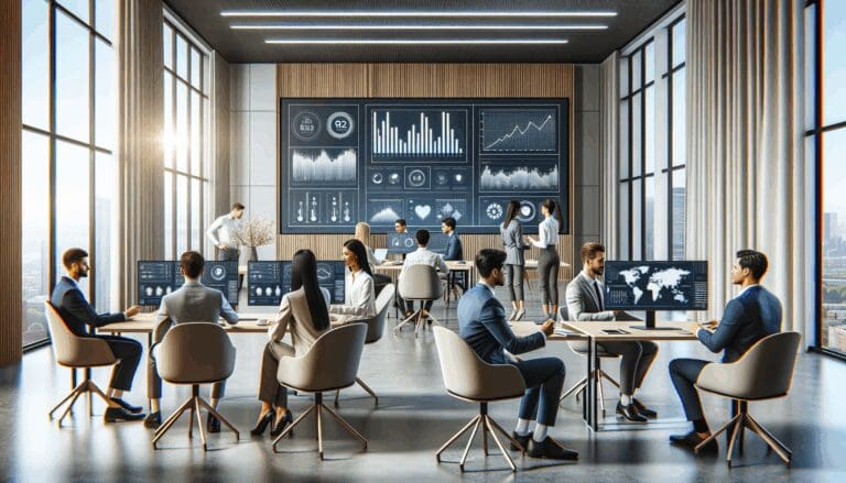 Oficinas modernas de una startup tecnológica con profesionales colaborando y pantallas mostrando gráficos de datos.