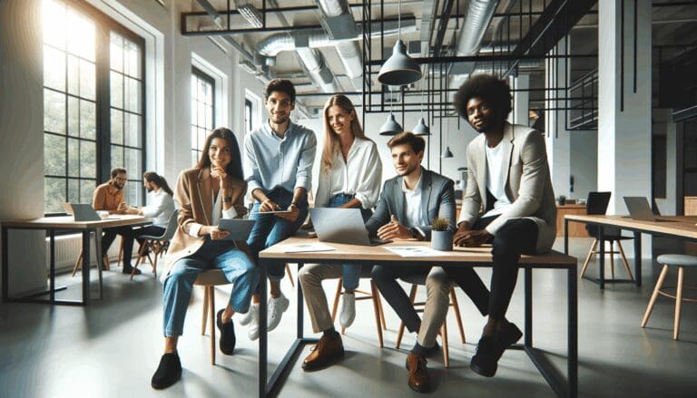 Emprendedores colaborando en un espacio de coworking moderno