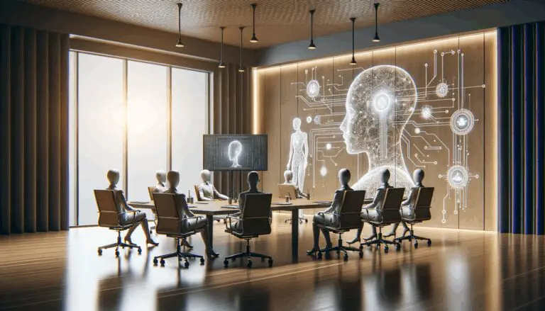 Imagen conceptual de inteligencia artificial interactuando en una sala de conferencias.