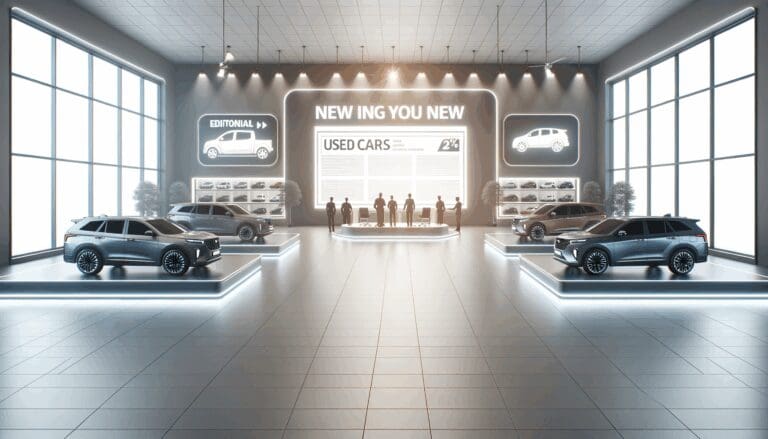 Sala moderna con autos usados exhibidos y pantallas interactivas sin presencia de personas.