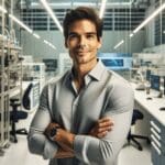 Retrato editorial de un emprendedor latinoamericano en laboratorio tecnológico, ambiente luminoso y moderno.