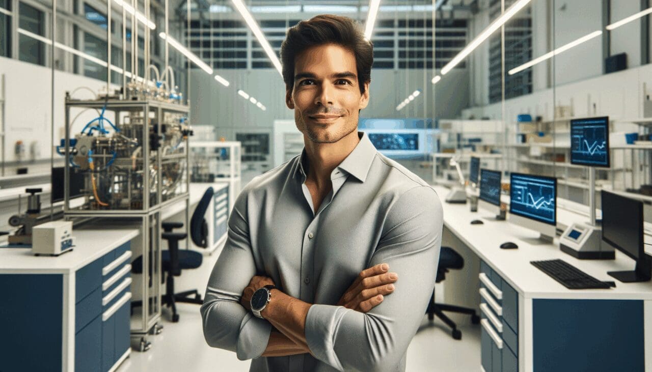 Retrato editorial de un emprendedor latinoamericano en laboratorio tecnológico, ambiente luminoso y moderno.