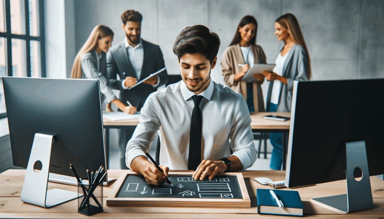 Emprendedor latinoamericano joven escribiendo en una pizarra, rodeado de colegas y pantallas de computadoras.