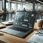 Primer plano de una laptop en un escritorio moderno, rodeada de papeles y taza de café, ambiente de coworking tecnológico.