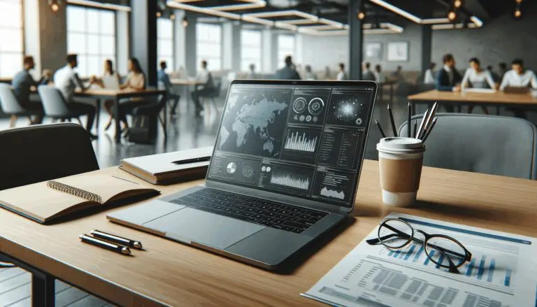 Primer plano de una laptop en un escritorio moderno, rodeada de papeles y taza de café, ambiente de coworking tecnológico.