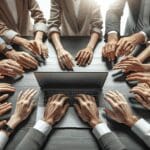 Manos de jóvenes emprendedores trabajando en una computadora portátil en una oficina moderna de tecnología.