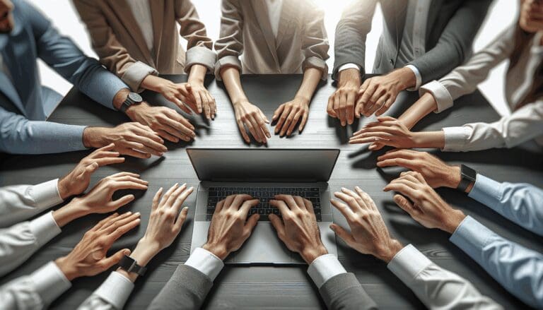 Manos de jóvenes emprendedores trabajando en una computadora portátil en una oficina moderna de tecnología.
