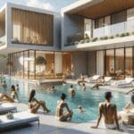 Personas disfrutando de una moderna piscina privada en un entorno residencial soleado.