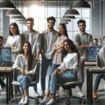 Equipo multicultural de jóvenes desarrolladores trabajando juntos en una oficina moderna, rodeados de ordenadores y pantallas con datos digitales.