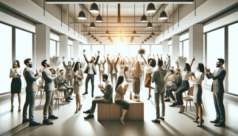 Grupo diverso de emprendedores celebrando en un evento de startups moderno.