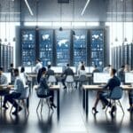 Equipo de expertos en tecnología colaborando en una sala moderna llena de pantallas y servidores.