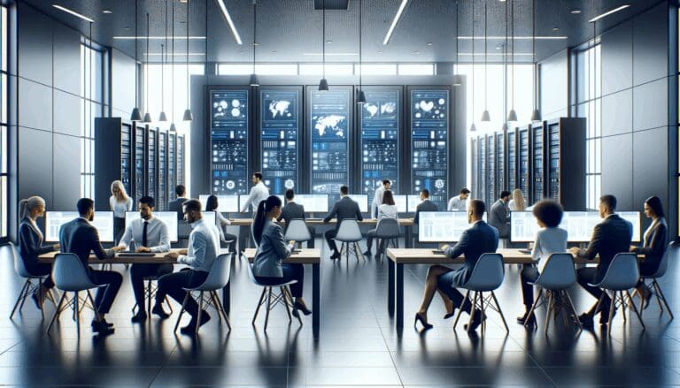 Equipo de expertos en tecnología colaborando en una sala moderna llena de pantallas y servidores.