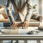 Primer plano de manos trabajando con materiales textiles avanzados sobre una mesa de diseño minimalista en ambiente iluminado.