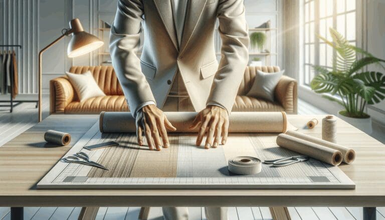 Primer plano de manos trabajando con materiales textiles avanzados sobre una mesa de diseño minimalista en ambiente iluminado.