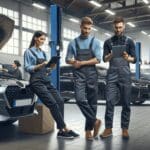 Técnicos automotrices en un taller moderno, usando tabletas y computadoras junto a automóviles.