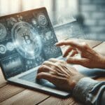 Manos adultas interactuando con una laptop que muestra gráficos digitales y criptomonedas, fondo luminoso y moderno.