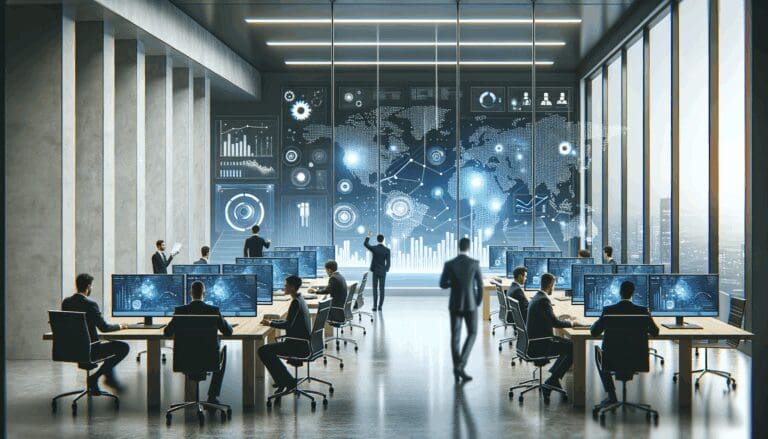 Oficina moderna con desarrolladores trabajando frente a pantallas y gráficos tecnológicos en un ambiente colaborativo.