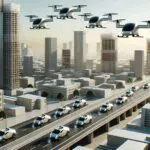 Taxis aéreos sobre una moderna ciudad en desarrollo