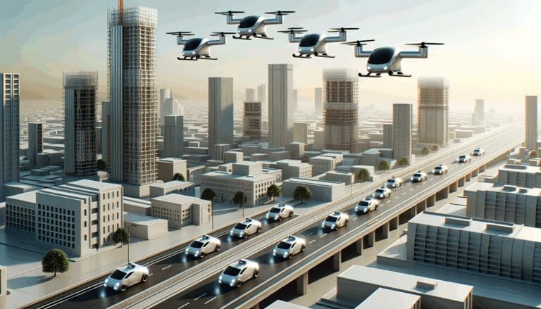 Taxis aéreos sobre una moderna ciudad en desarrollo