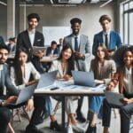 Equipo diverso de jóvenes empresarios reunidos en un espacio moderno con laptops y pizarras digitales, ambiente colaborativo de innovación.