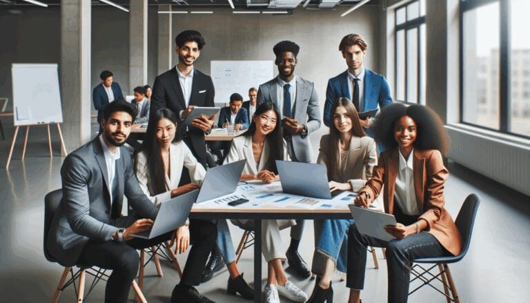 Equipo diverso de jóvenes empresarios reunidos en un espacio moderno con laptops y pizarras digitales, ambiente colaborativo de innovación.