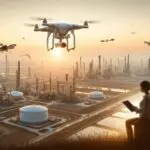 Dron volando sobre campos industriales de petróleo y gas al atardecer, cielo despejado.