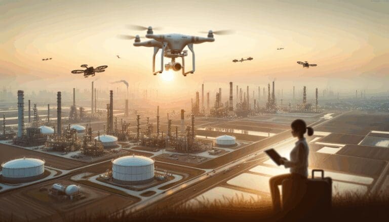 Dron volando sobre campos industriales de petróleo y gas al atardecer, cielo despejado.