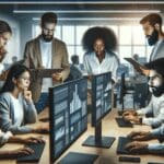 Equipo de trabajo multicultural analizando datos frente a pantallas en una oficina moderna de tecnología.