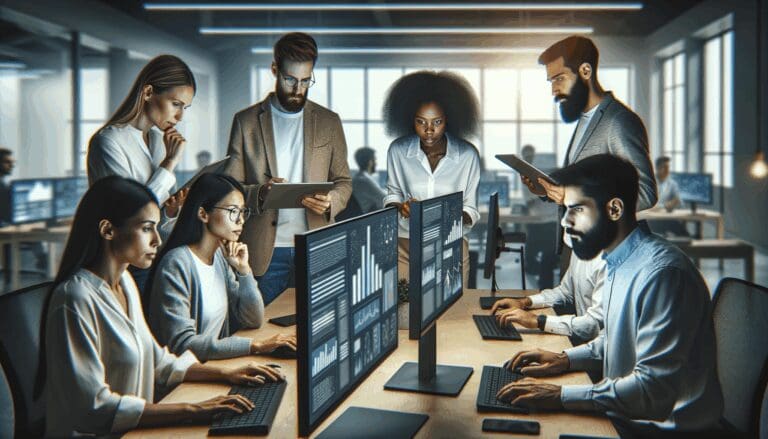 Equipo de trabajo multicultural analizando datos frente a pantallas en una oficina moderna de tecnología.