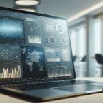 Primer plano de una laptop con gráficos de datos y hojas de cálculo en una moderna oficina tecnológica.