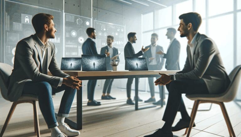 Primer plano de emprendedores conversando en una oficina moderna y minimalista, con laptops y pantallas digitales al fondo.